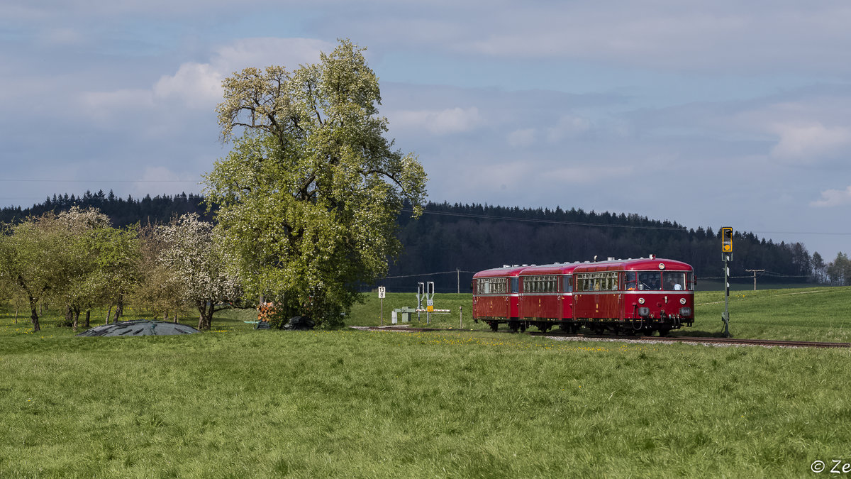 VT 798 der RAB auf einer Sonderfahrt zwischen Bad Saulgau und Altshausen in Richtung Aulendorf als er Höhe Schwarzenbach den Bü passiert. Mai 2017