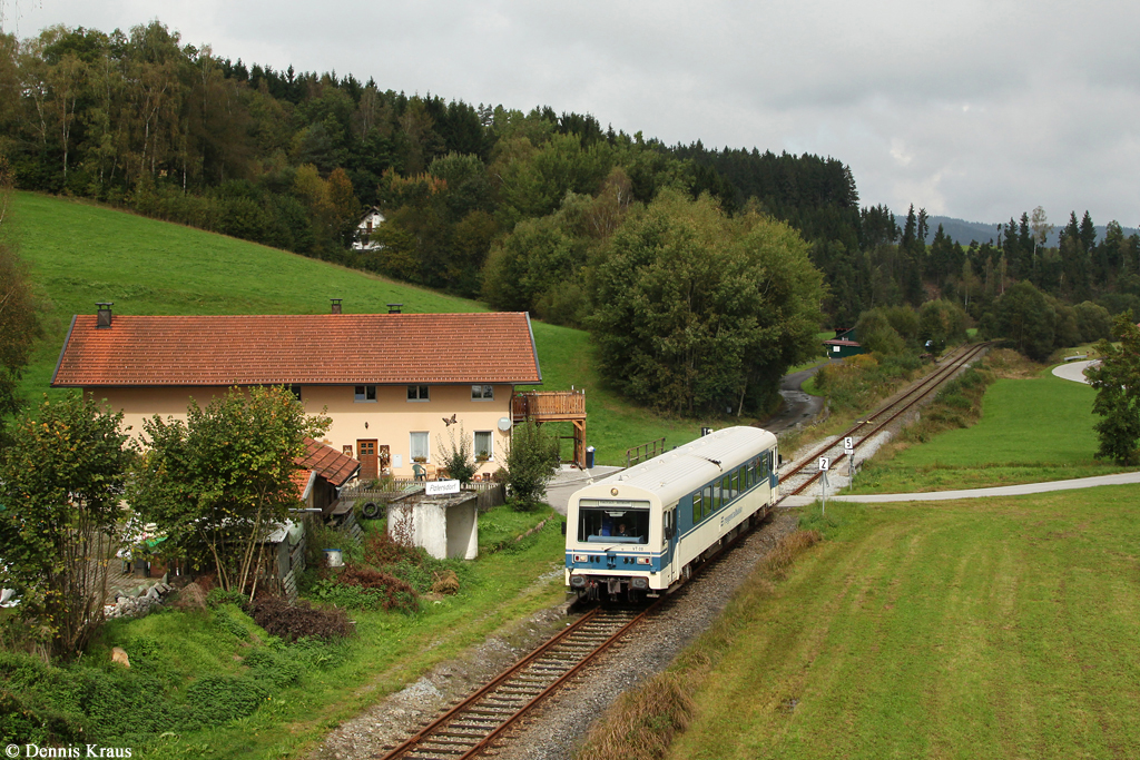 VT08 der Regentalbahn befuhr im Rahmen einer Fotosonderfahrt am 27.09.2014 die Strecke von Viechtach nach Gotteszell. Aufgenommen in Patersdorf.