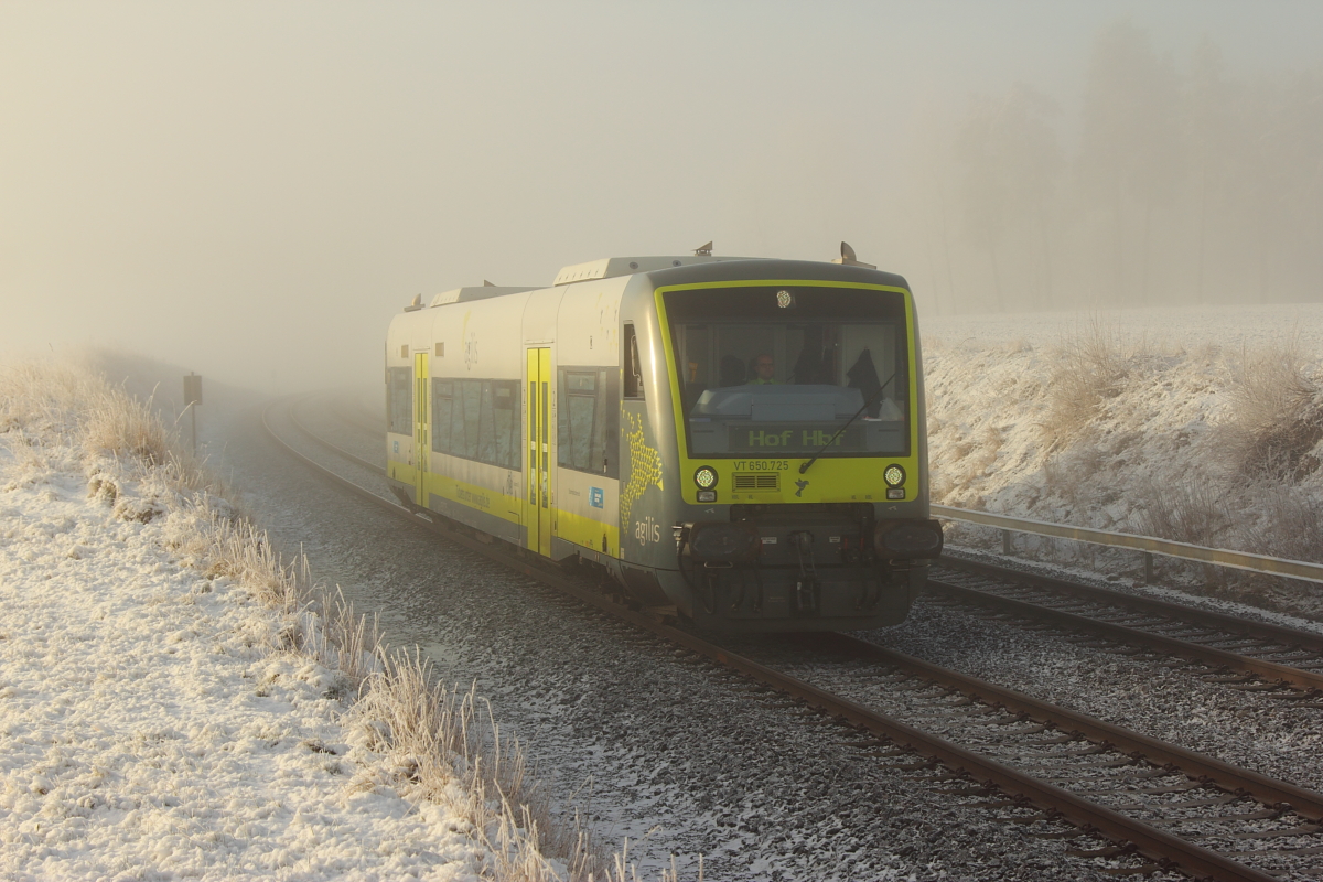 VT650.725 Agilis bei Marktleuthen im Nebel am 25.02.2016.