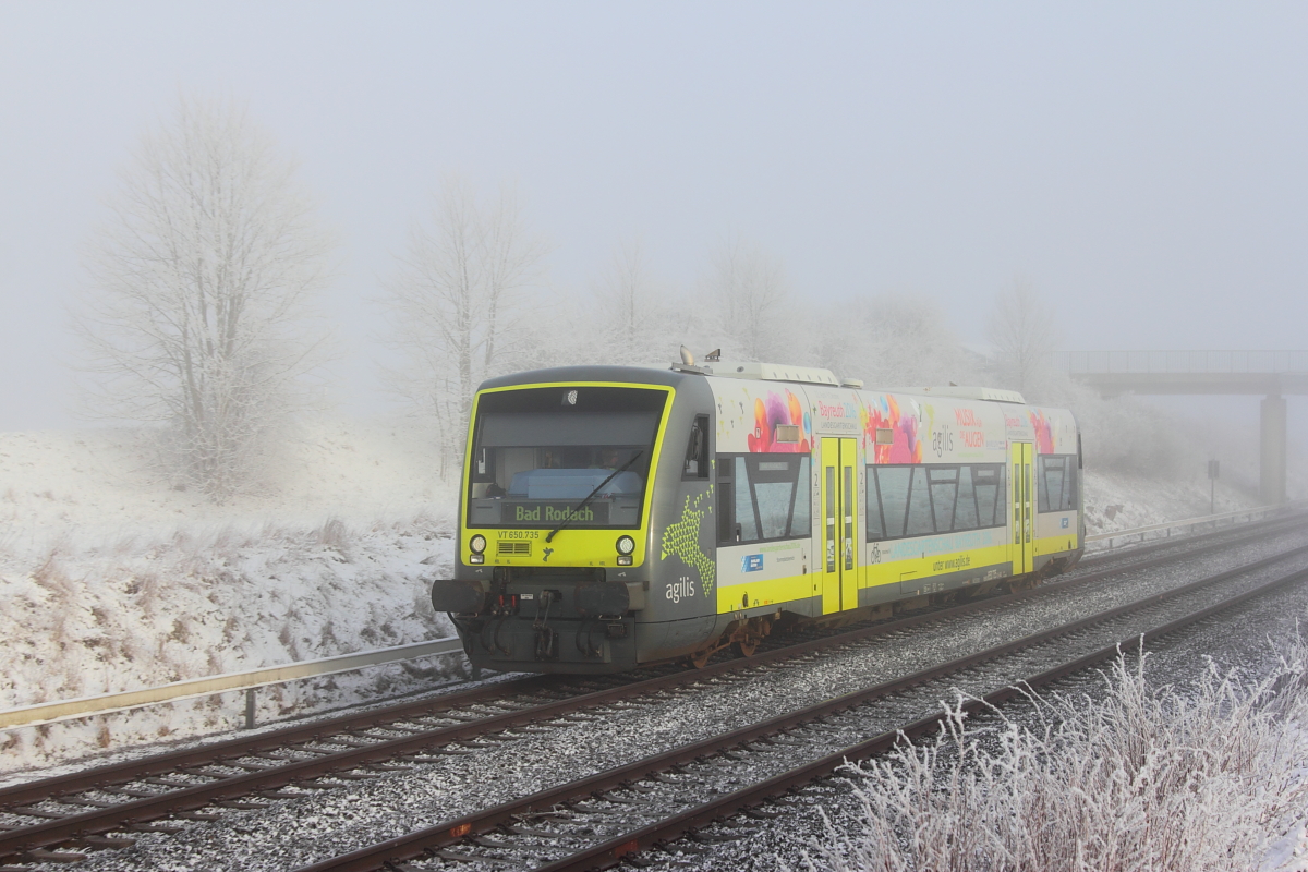 VT650.735 Agilis bei Marktleuthen im Nebel am 25.02.2016.