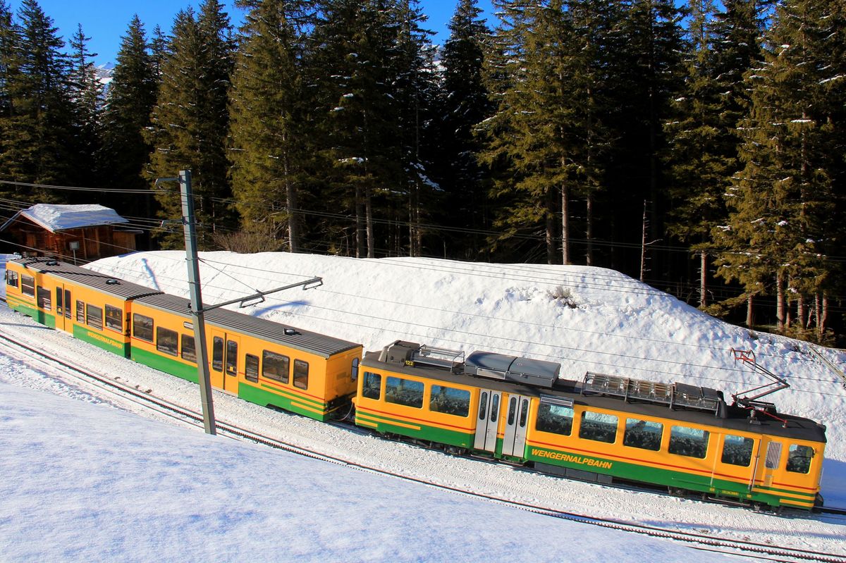 WAB-Zug 122 mit Gelenksteuerwagen 243 in der selten benutzten Ausweiche Bannwald. Der Triebwagen ist mit Asynchronmotoren/Umrichterantrieb umgebaut, was auch zu erheblichen Veränderungen im Dachbereich führte. 13.Januar 2018.  