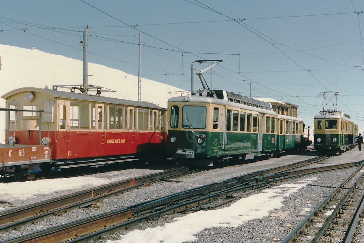 WAB/SPB: In den 80-ger Jahren wurde die Fahrzeugflotte der WAB jeweils im Winter  mit Zügen der SPB verstärkt. Kleine aber abwechslungsreiche Fahrzeugparade auf der Endstation kleine Scheidegg im März 1987.
Foto: Walter Ruetsch  