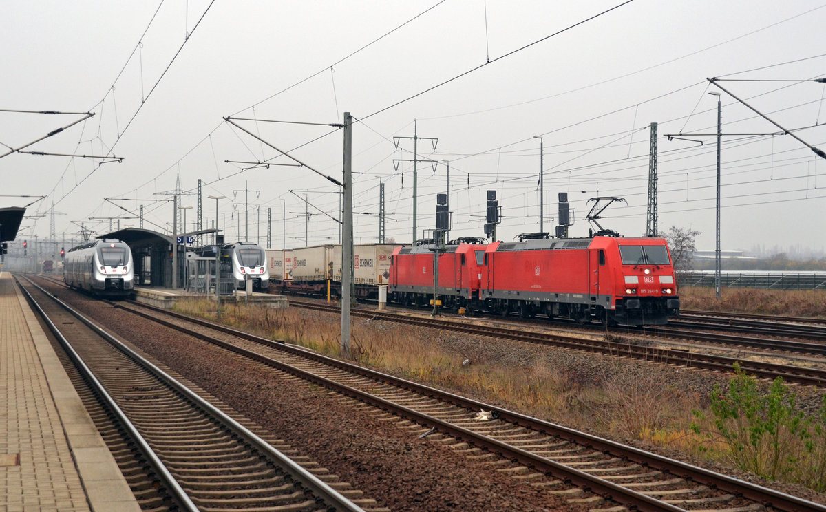 Während 185 264 mit ihrer Schwester 185 377 und einem KLV-Zug am 26.11.16 den bahnhof Bitterfeld Richtung Dessau verlässt, warten zwei 1442 jeweils auf ihre Abfahrt Richtung Wittenberg und Landsberg.