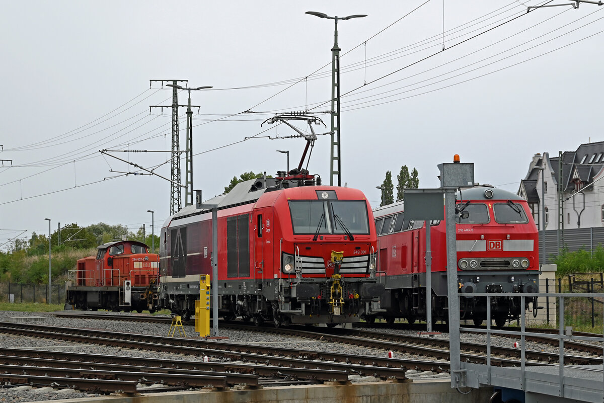 W�hrend 249 001 zum Tag der Schiene F�hrerstandsmitfahrten anbot, hatten 218 483 und 294 657 am 19.09.26 Wochenendruhe im Rbf Halle(S).