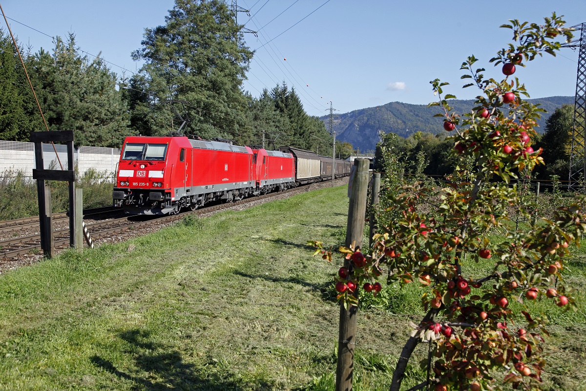 Whrend die pfel ihre letzte Reife erhalten ziehen 185 235 und 185.... am 2.10.2013 einen Gterzug bei Stbing Richtung Sden.