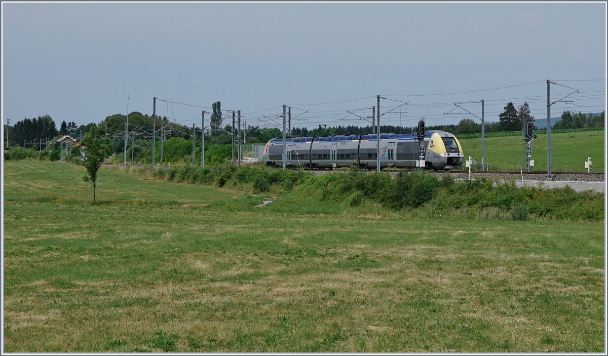 Während ein paar hundert Meter von hier TGV Züge geradewegs durchs Land sausen, bummelt der Z 27736/735 gemütlich als TER 895059 von Belfort nach Meroux. Das Bild entstand bei der Einfahrt in den Bahnhof von Meroux TGV, im Hintergrund ist der alte Bahnhof zu erkennen. 

6. Juli 2019