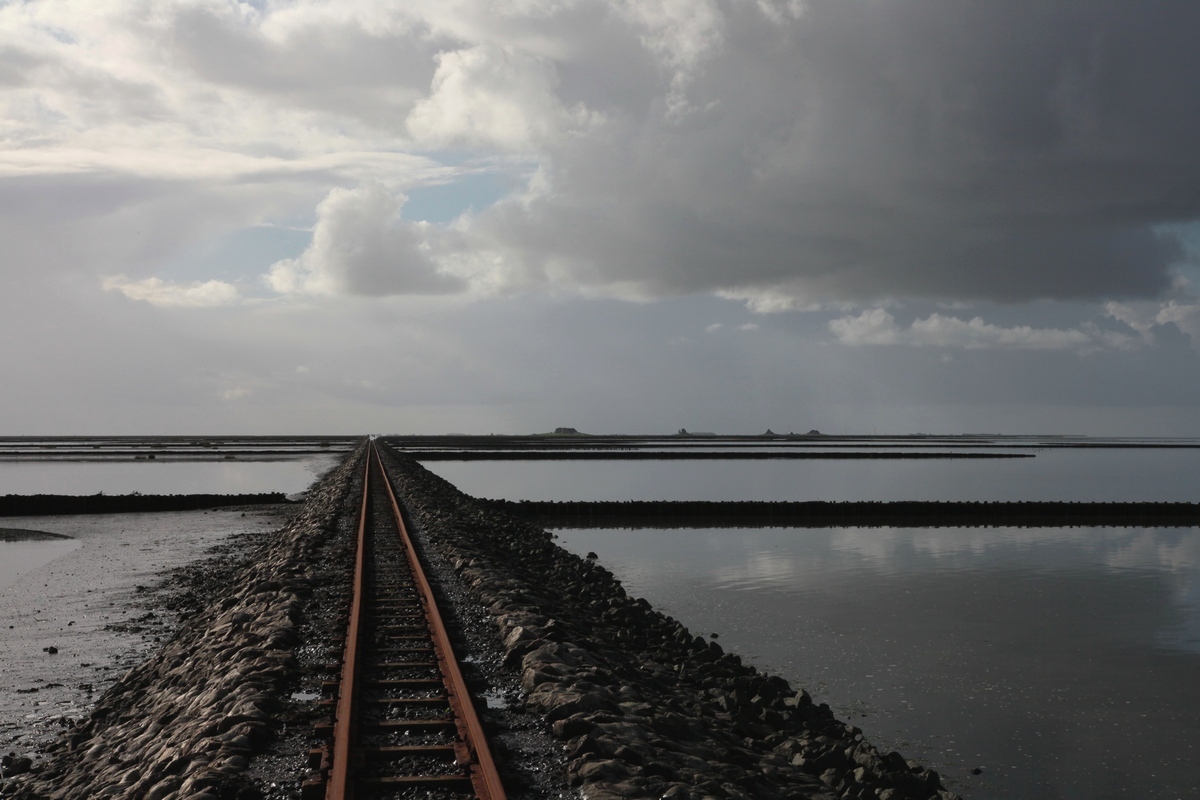 Während der Fahrt über den Lorendamm zur Hallig Nordtsrandischmoor entstand diese Aufn. am 10.10.2013. Im Hintergrund Nordtsrandischmoor mit seinen 4 Warften.