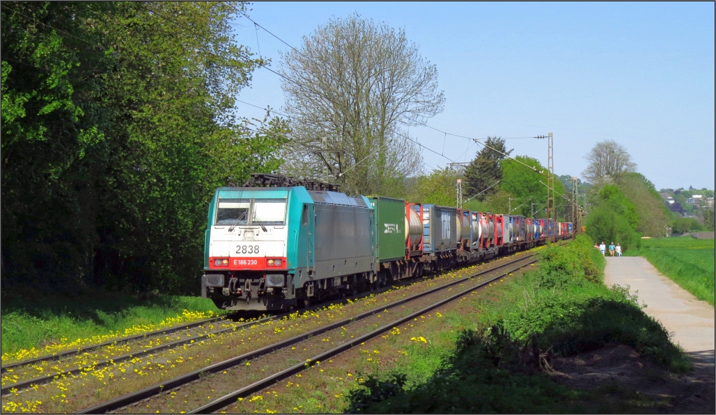 Während die Sonntagsausflügler den Spaziergang am Friedrichweg geniessen zieht die belgische 2838 ihren Güterzug hinauf zum Gemmenicher Tunnel. Szenario vom 08.Mai 2016 unweit von Aachen an der Montzenroute.