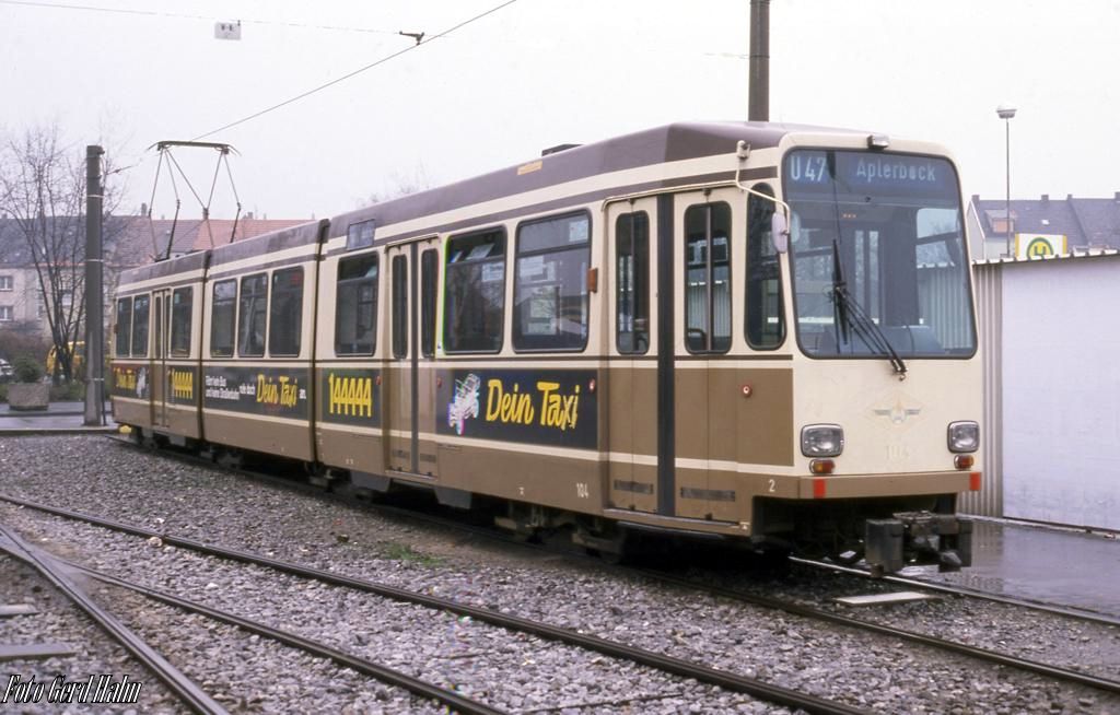 Wagen 104 auf der U 47 am 16.3.1989 in Dortmund Brambauer.