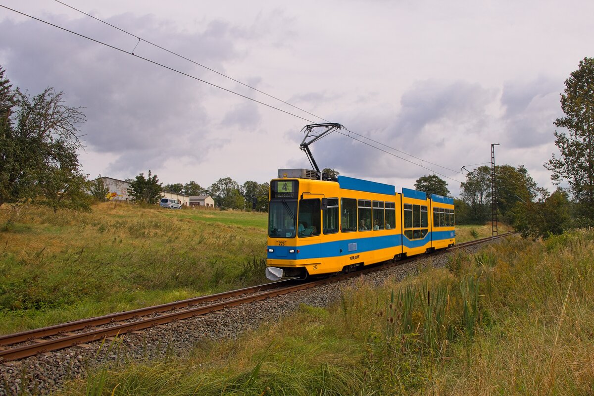 Wagen 223 der Thüringer Waldbahn kurz vor Leina (24.08.2024)