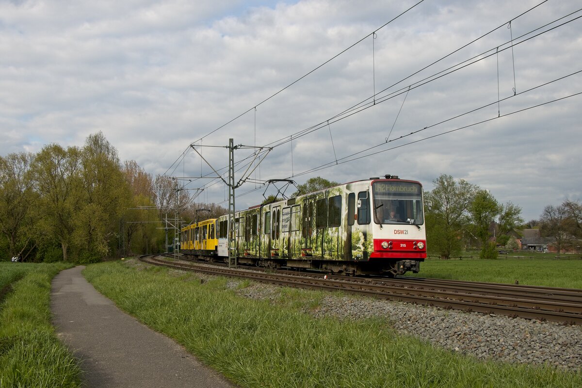 Wagen 315 und 320 verlassen als U42 Richtung Hombruch die Endhaltestelle Grevel (26.04.2023) 