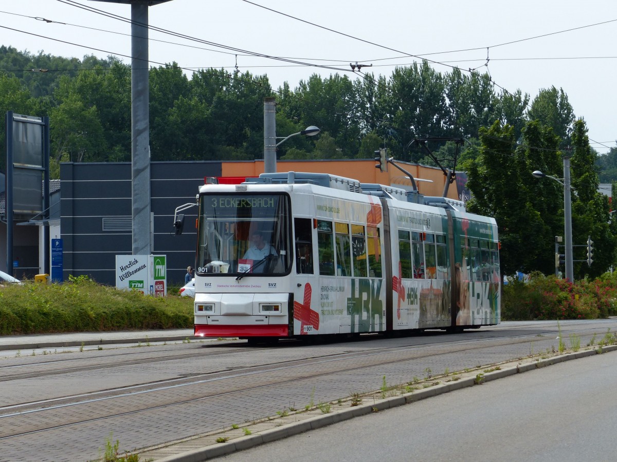 Wagen901 Linie3 nach Eckersbach am 28.06.2014 auf der Äusseren Schneeberger Strasse.