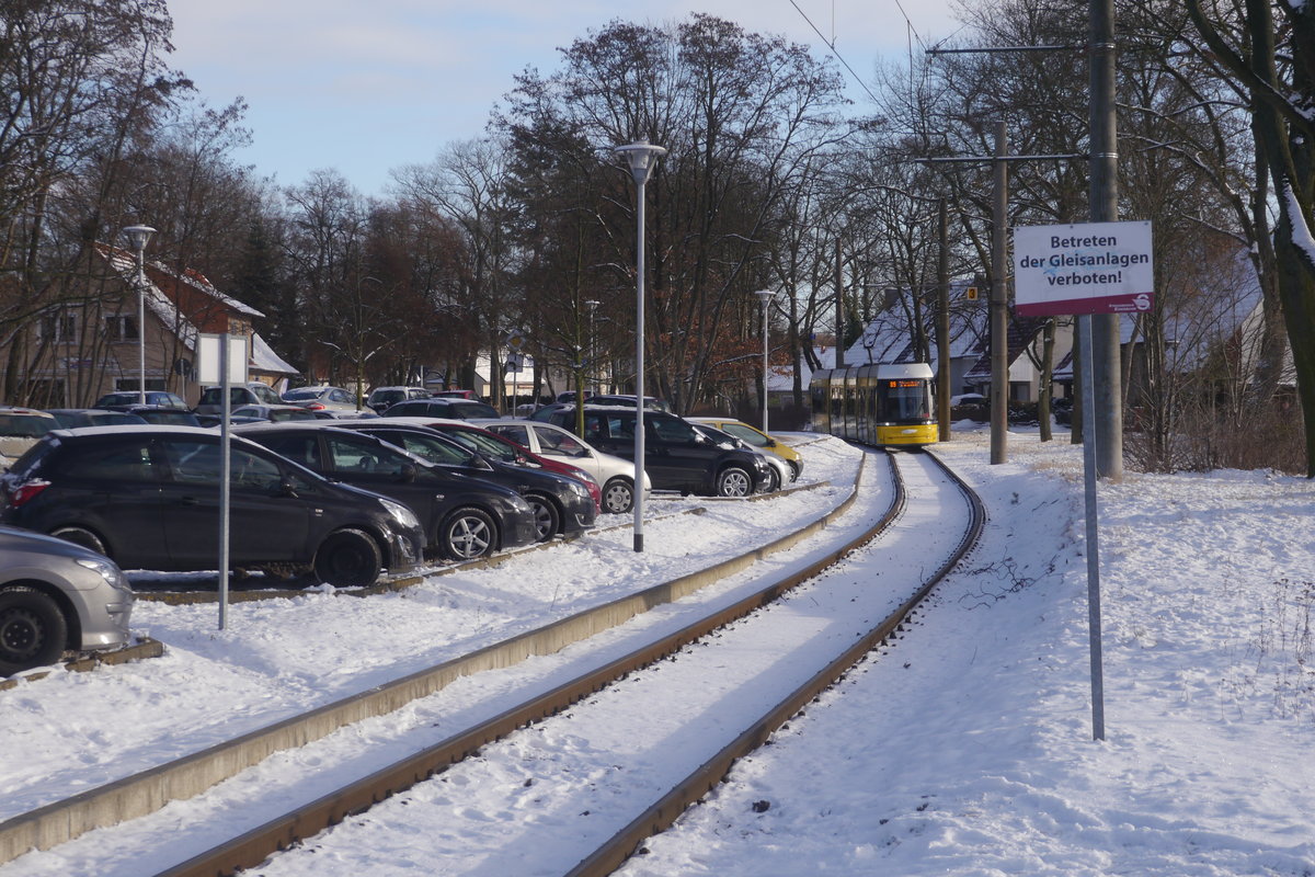 Wagwn 0041 und sein Partner 0042, die aus einer Lieferung Flexity Berlin für die BVG abgezweigt wurden, bestreiten den Gesamtverkehr auf der Strausberger  Eisenbahn . Aufnahme: Einfahrt Strausberg Bahnhof, 6.1.17.