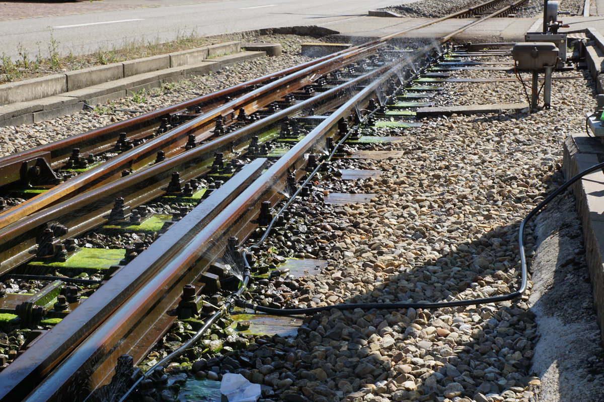 Waldenburgerbahn/WB.
Baselland Transport AG/BLT.
Bahnersatz mit Bussen vom Montag, 29. Juni bis Sonntag 9. August 2020 auf der Strecke zwischen Lampenberg-Ramlinsburg und Liestal infolge Bauarbeiten am Bahnhof Liestal.
Bei der grossen Hitze von über 30 Grad benötigt auch diese Weiche in Hölstein eine Abkühlung mit kaltem Wasser. Die Aufnahme entstand am heissesten Tag des Jahres 2020.
Foto: Walter Ruetsch 