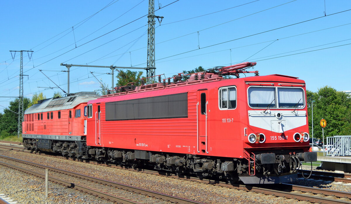 Wedler Franz Logistik GmbH & Co. KG, Potsdam mit einem Lokzug mit  155 159-7  (NVR:  91 80 6155 159-7 D-WFL) am Haken von  232 283-2  (NVR:  92 80 1232 283-2 D-WFL ) am 10.08.22 Durchfahrt Bahnhof Golm.