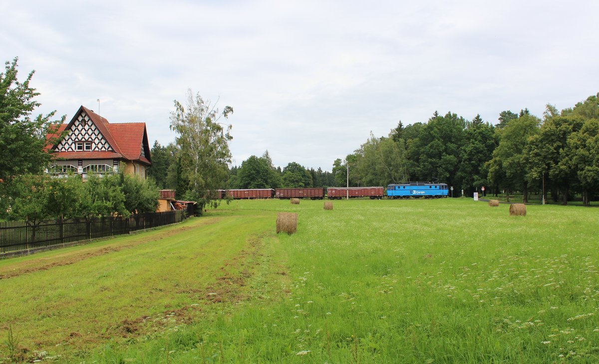 Wegen der Brückenbauarbeiten bei Tršnice, werden alle Züge über Františkovy Lázně nach Cheb und zurück umgeleitet. Hier 363 xxx am 09.08.16 in Františkovy Lázně.