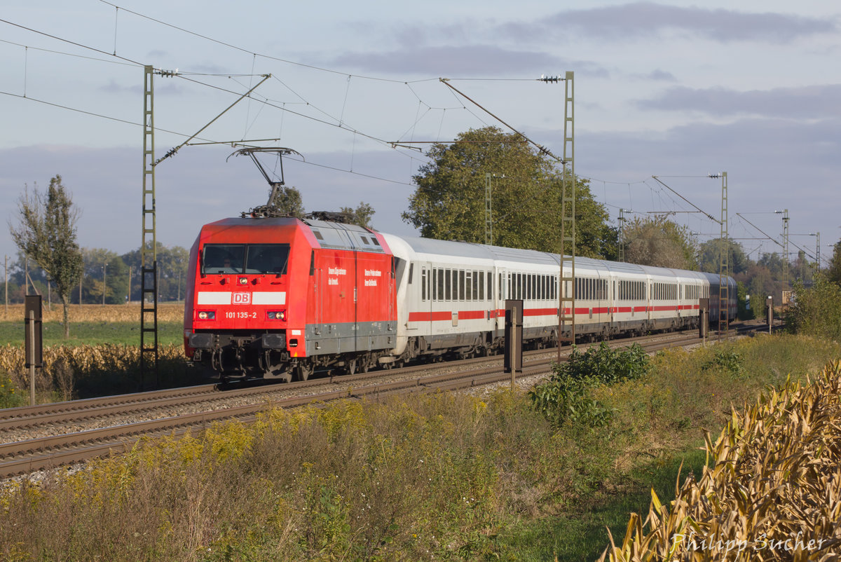 Wegen eines defekten Steuerwagens zieht 101 135 ihren IC 207 am Morgen des 6. Oktobers 2016 bei Hecklingen Richtung Basel.