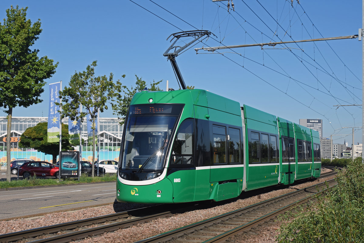 Wegen einer Grossbaustelle beim Leimgrubenweg, muss die Linie 16 umgeleitet werden. Hier fährt der Be 4/6 6003, auf der Linie 16, zur Endstation beim Depot Dreispitz. Die Aufnahme stammt vom 04.09.2019.