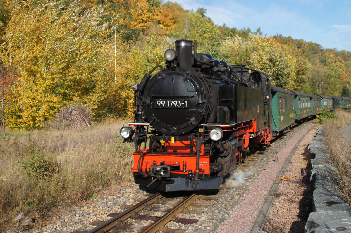 Weißeritztalbahn, 99 1793-1, Herbst an der Weißeritz, Ortsdurchfahrt Dippoldiswalde