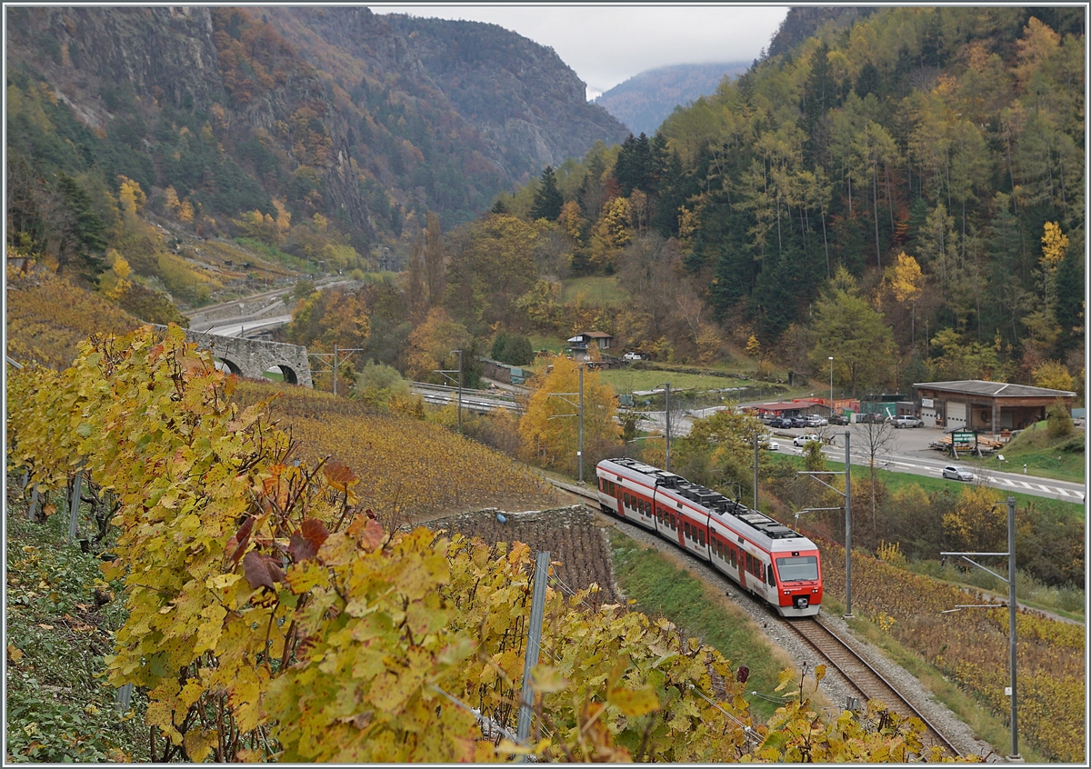Weit reichen bei Martigny die Rebberg ins Alpental hinein, in der Talsohle ist ein TMT Region Alps NINA auf den Weg nach Le Chable.

5. November 2020