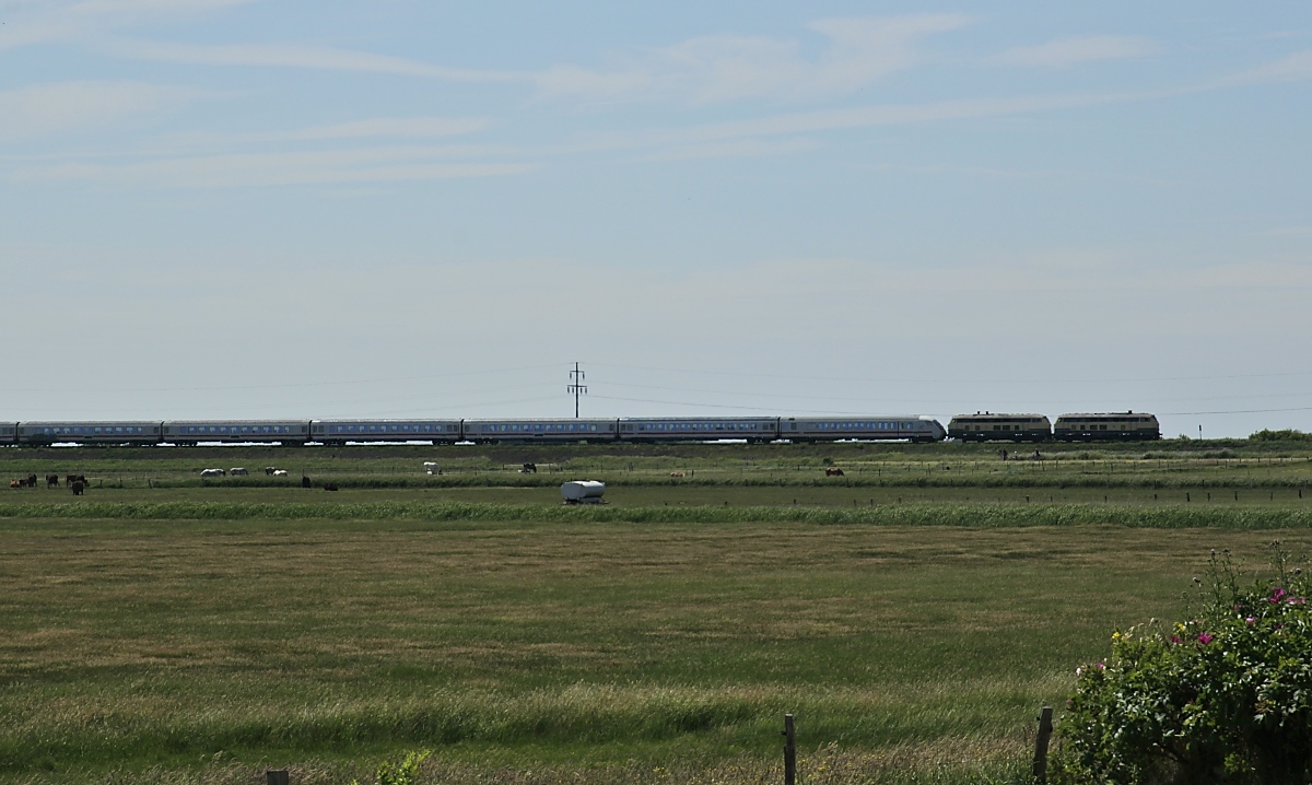 Weites Land, weiter Himmel: Im Gegenlicht befördern die 218 490-1 und 218 480-2 den IC 2314 am 18.06.2020 bei Keitum in Richtung Westerland