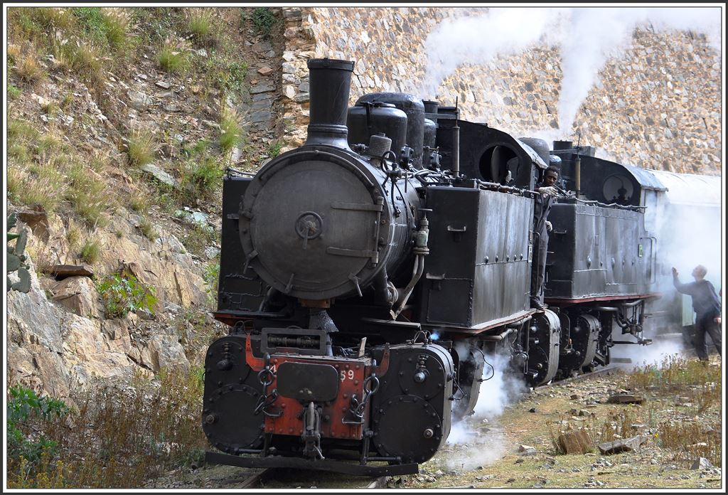 Weniger Glück hatten Lokführer und Heizer der hinteren 442.55. Schon nach kurzer Fahrt wurde eine Dichtung undicht und der ganze Dampf entwich ins Führerhaus. Der Zug wurde abgekuppelt und die Lok sofort zum nächsten Bahnhof gefahren, wo das Problem nach einiger Zeit behoben werden konnte.Da der Zug für eine Lok zu schwer war, wurden die Güterwagen kurzerhand nach Arbaroba zurückgerollt. Die dafür nötigen Bremser wurden anschliessend mit dem Bus wieder abgeholt. (04.12.2014)
