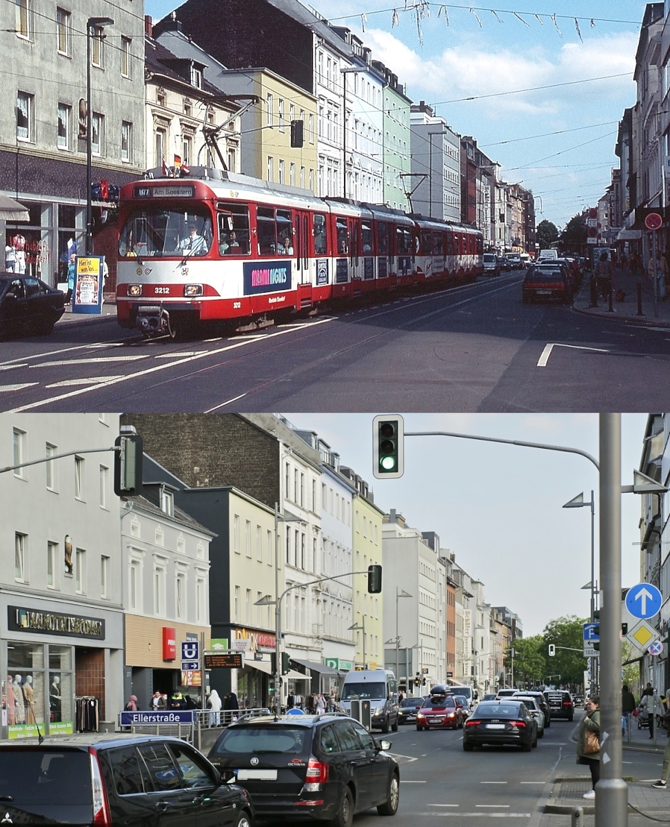 Wenn man die beiden Aufnahmen aus dem Frühjahr 2002 und vom 25.05.2023 vergleicht, hat sich auf der Kölner Straße in Düsseldorf-Oberbilk eigentlich nicht viel verändert, sieht man einmal davon ab, dass die U 77, oben der GT8SU 3212 mit einem weiteren GT8SU, jetzt eine Etage tiefer verkehrt.