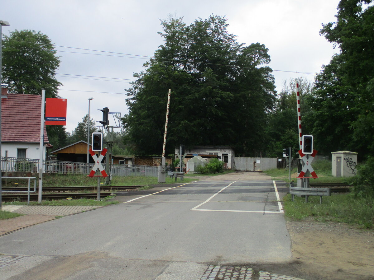 Wenn man in Dannenwalde nach Gleis 2 will muß man über diesen Bahnübergang.Aufgenommen am 10.Juli 2021.