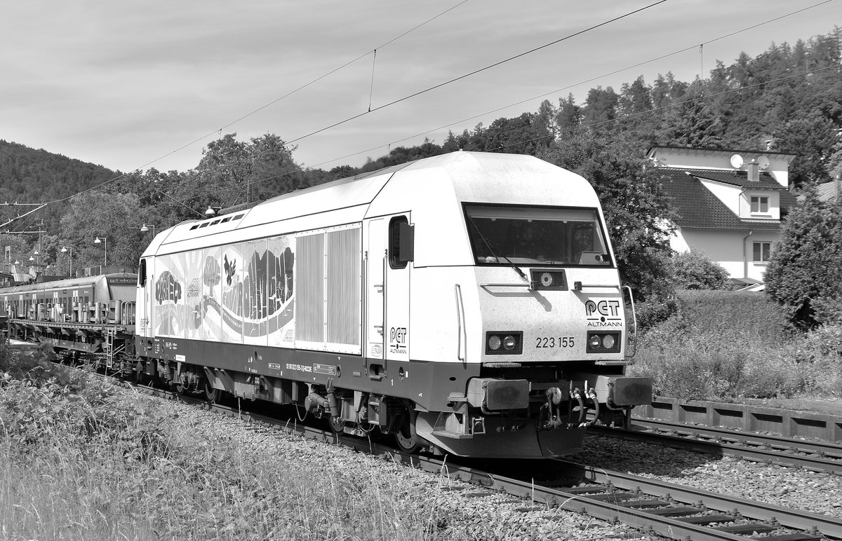 Wenn man so zufällig an der Strecke steht und man machte gerade noch eine Doppeleinheit Quitschies und dann brummt einem plötzlich und unerwartet so ein Dieselstier vors Objektiv mit einem Bauzug am Haken.....wie in diesem Fall die 223 155-3, dann freut sich der Fotograf und macht auch noch ein S/W Bild davon. Neckargerach den 2..6.2020