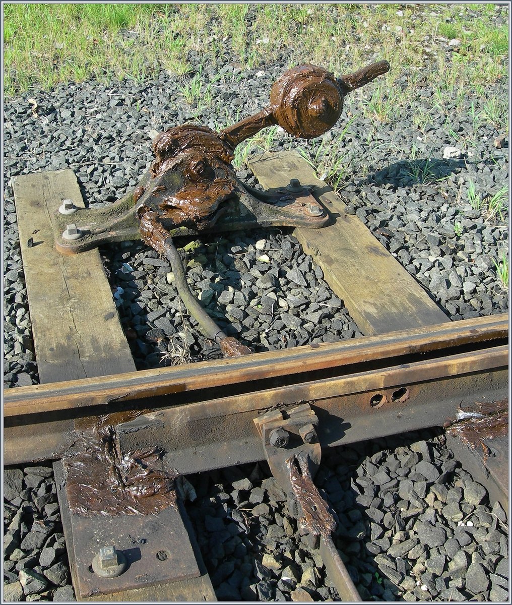 Wer diesen Weichenhebel Zentimeter dick einfettete ist sich über dessen Bedienung nicht bewusst - oder beugt so dem unbeabsichtigten Betätigen der Weiche durch Bahnfremde vor. 
22. September 2007