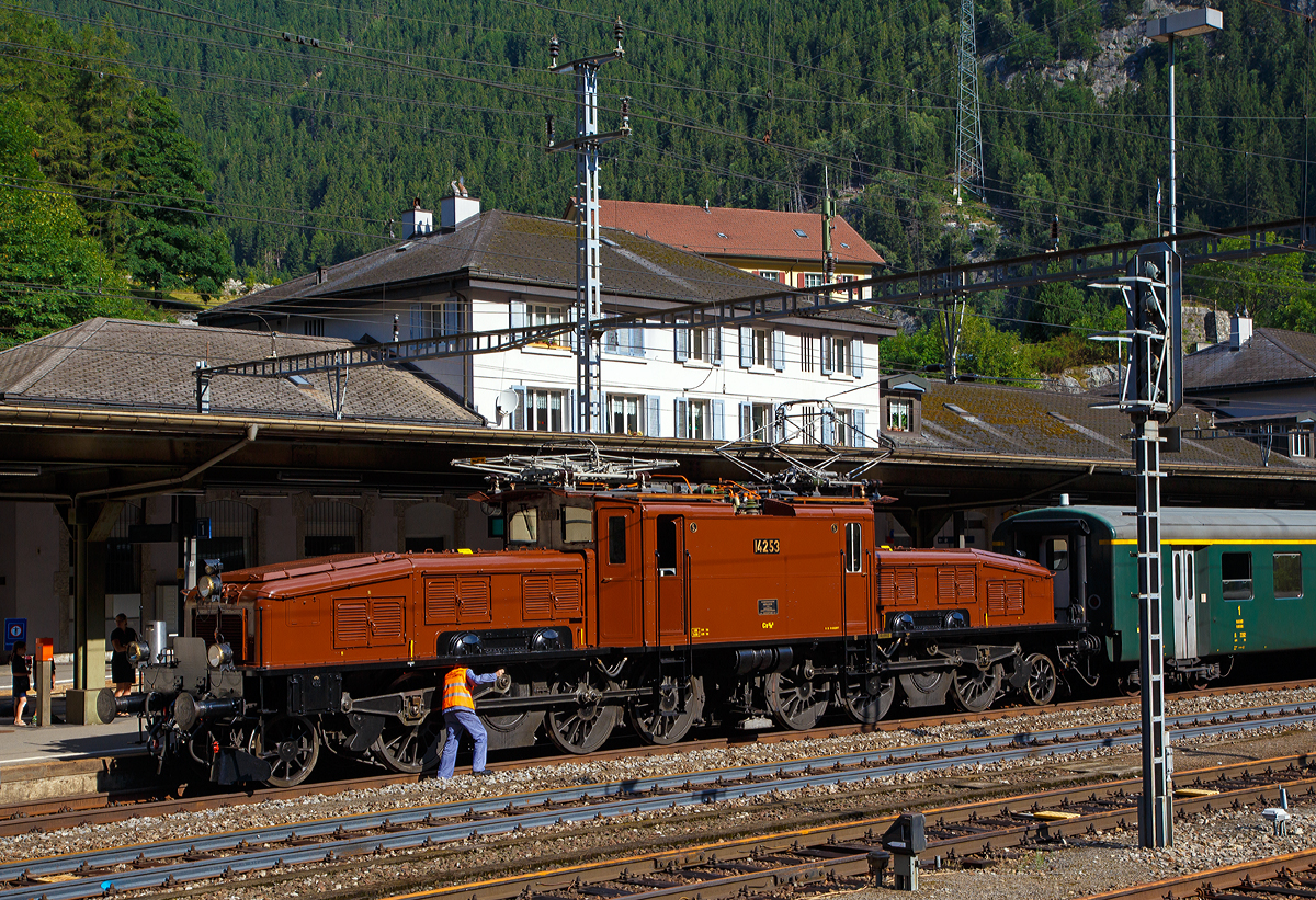 
Wer gut schmiert der fährt auch gut.....Und so fährt eine solche schöne Maschine auch mal 100 Jahre....

Das SBB Gotthard Krokodil Ce 6/8 II 14253 (eigentlich Be 6/8 II 13253) der SBB Historic am 02.08.2019 mit einem Sonderzug im Bahnhof Göschenen. Wie eine Dampflok müssen auch bei einer solchen E-Loks mit Stangenantrieb die Lagerstellen gut geschmiert werden.

Die Ce 6/8 II 14253 «Krokodil» feiert in diesem Jahr ihren hundertsten Geburtstag. Seit 100 Jahre ist legendäre Lokomotive „Krokodil“ auf den Schweizer Schienen unterwegs – mit Vorliebe am Gotthard. 

