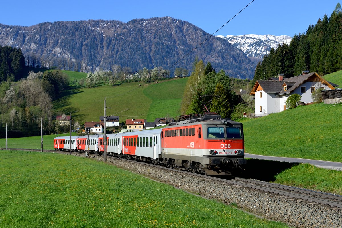 Wer noch Lokomotiven der Baureihe 1142 im Personenverkehr auf der Pyhrnbahn erleben möchte, sollte sich beeilen. Die neuen CityJet Triebwagen haben bereits erste Leistungen übernommen. Am Morgen des 21. April 2016 war erfreulicherweise die 1142.637 für die Beförderung des REX 3901 von Linz HBF nach Liezen eingeteilt. Bei Gleinkerau gelang dann dieser Nachschuss, im Bildhintergrund das Tote Gebirge.