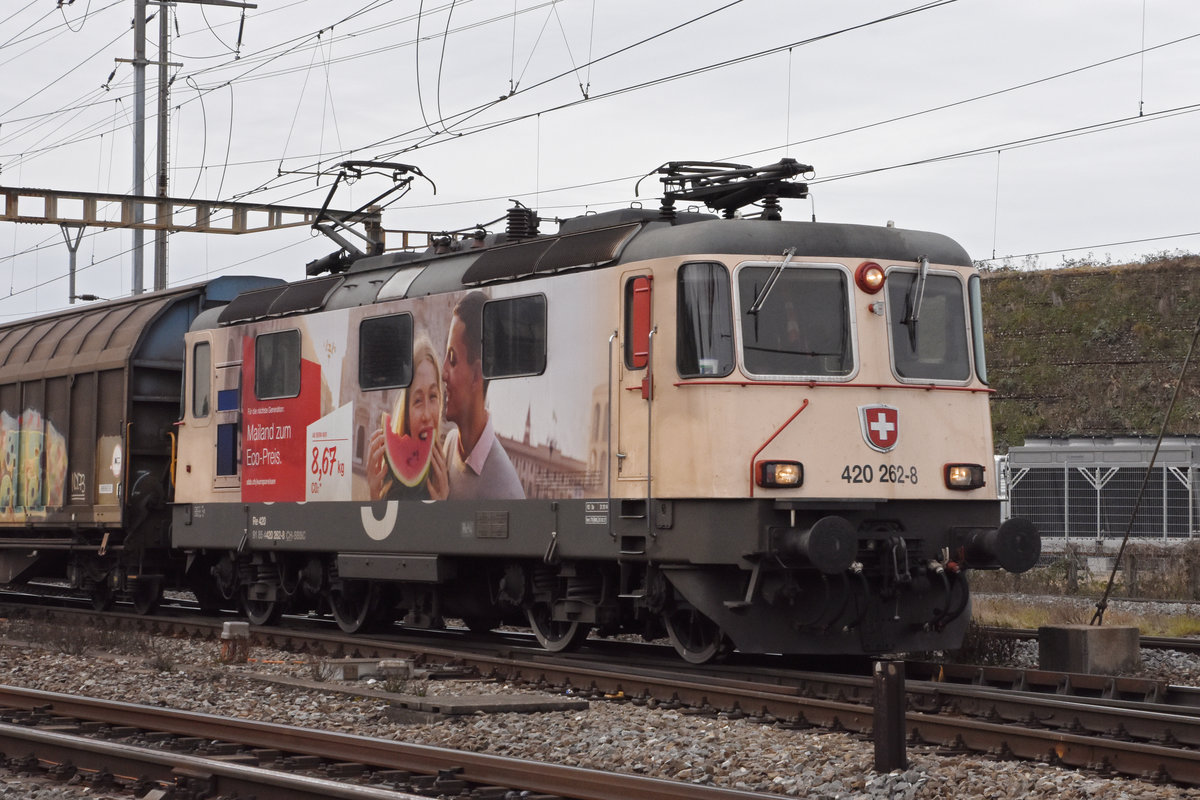 Werbe Lok Re 420 262-8 durchfährt den Bahnhof Pratteln. Die Aufnahme stammt vom 04.02.2021.