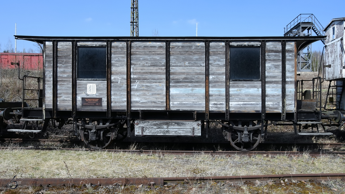 Werkwagen Nr. 5, gesehen Anfang April 2018 im Sächsischen Eisenbahnmuseum Chemnitz-Hilbersdorf.