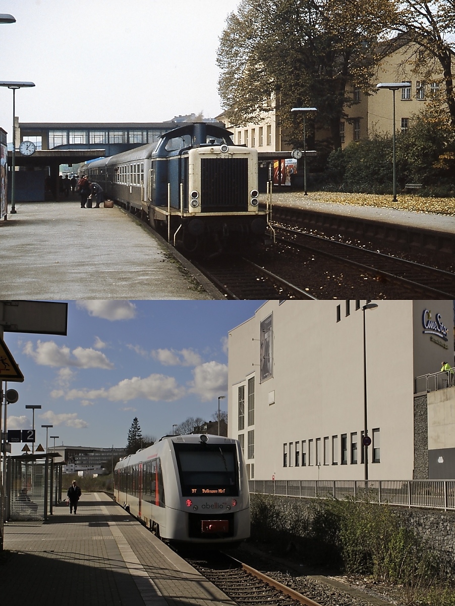 Wesentliche Änderungen musste der Remscheider Hauptbahnhof über sich ergehen lassen: Auf dem oberen Bild, das um 1990 entstand, ist 212 319-8 mit einem Nahverkehrszug nach Wuppertal angekommen, unten verläßt ein Abellio-VT am 12.03.2020 den Bahnhof in Richtung Solingen. Das (nach dem 2. Weltkrieg auf den Grundmauern wieder errichtete) Bahnhofsgebäude ist 2006/07 abgerissen worden, dort steht heute der CineStar. Die Station nennt sich immer noch  Hauptbahnhof , sieht aber aus wie eine x-beliebige S-Bahn-Station im Rhein-Ruhr-Gebiet.
