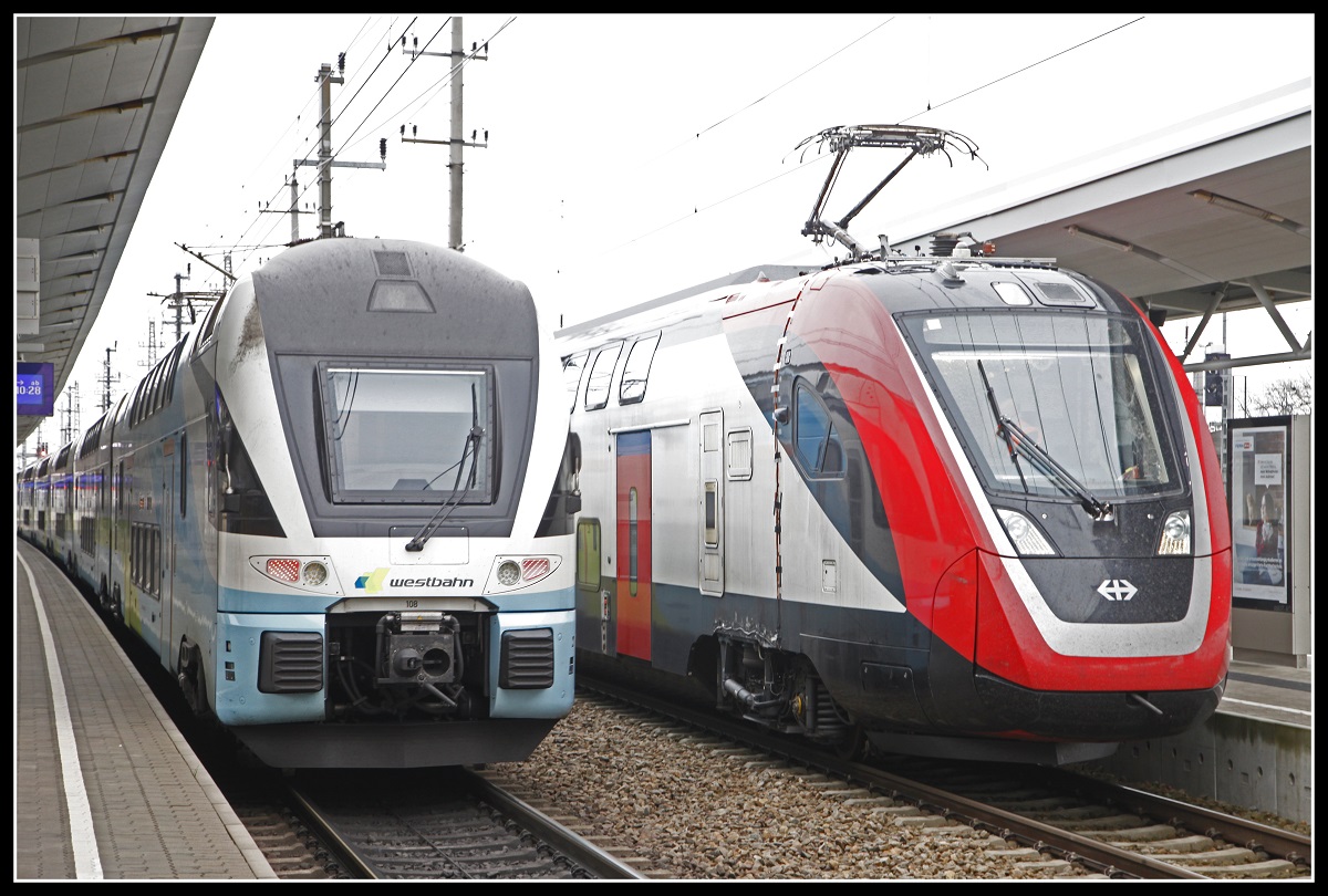 Westbahn 4010.108 und SBB-Twindexx 502.203 nebeneinander im Bahnhof Amstetten am 22.11.2018.