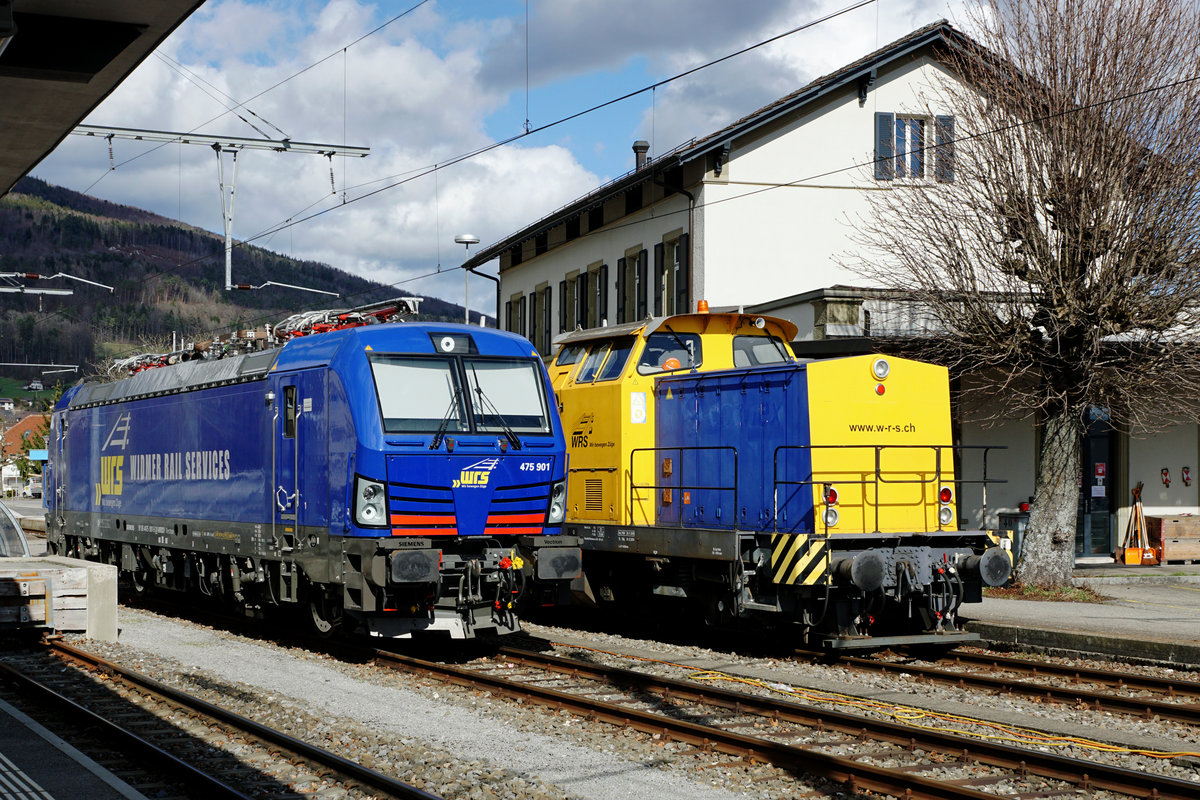 Widmer Rail Services AG. WRS Fahrzeugparade in Oensingen vom 12. März 2021 mit der Re 475 901-5 DACHINL sowie der Am 847 905-7.
Foto: Walter Ruetsch