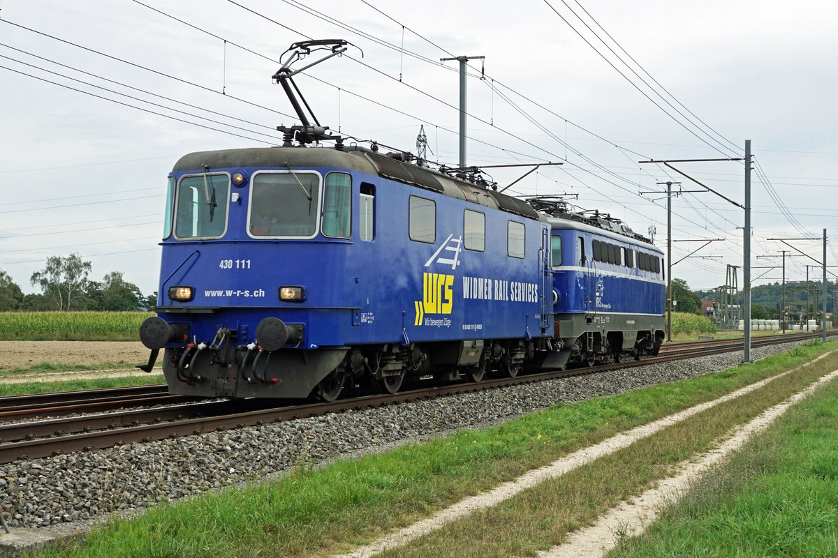 Widmer Rail Services AG/WRS.
Auch beim stärksten Regen und bei sehr schlechten Lichtverhältnissen mach die schönen blauen WRS-Lokomotiven eine gute Figur.
Re 430 111 und Ae 1042 007-1 als Lokzug bei Deitingen am 28. August 2020.
Foto: Walter Ruetsch