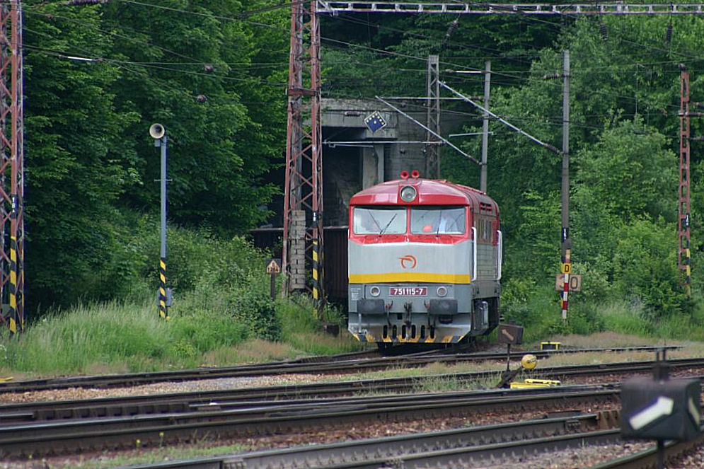 Wie aus dem Nichts taucht 751115 pltzlich an der stlichen Bahnhof Zufahrt
in Kralovany auf. Sie kommt am 2.6.2005 aus dem Tunnel der abzweigenden 
Strecke nach Trstena.