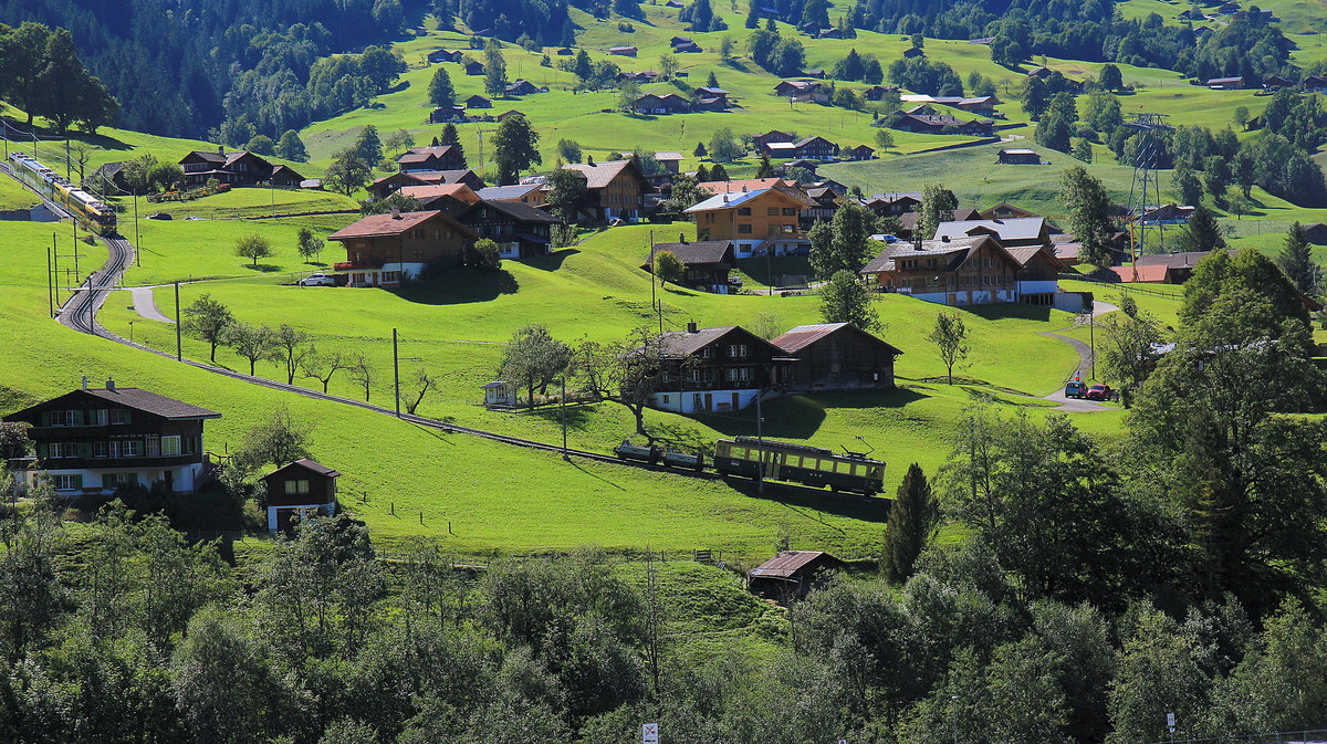 Wie ein Scherenschnitt erscheint die Silhouette des Güterzugs mit leerem Triebwagen 118 und dem Doppelgüterwagen 810. Oberhalb Grindelwald Grund. Der Regelzug folgt dahinter. 3.September 2019 