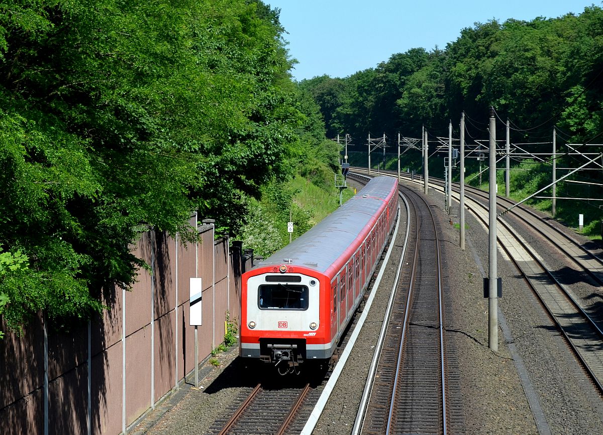 Wie ein tiefes, grünes Tal präsentiert sich die Strecke der Hamburger S-Bahn zwischen  Bergedorf  und  Aumühle , parallel zur Fernbahn nach Berlin. Hier ein Zug (ohne Zielschild )Richtung Innenstadt, kurz vor der Station  Reinbek . 9.6.2014