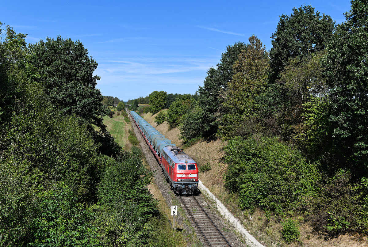 Wie ein Zugunglück bei Garmisch im sogenannten  Dieselparadies  für ein Revival der Baureihe 218 im Güterverkehr sorgte. Im Sommer 2022 gab es im Werdenfels ein tragisches Zugunglück, bei dem es aufgrund von unentdeckten Oberbaumängeln zu einer folgenschweren Entgleisung eines Reisezuges kam. Darauf hin wurden alle Strecken im Bundesgebiet auf Schäden hin untersucht. Unter anderem wurde man auch zwischen Garching und Freilassing fündig und die Streckenklasse wurde herab gesetzt. Dies bedeutete, dass die schweren Loks der Baureihe 247 nicht mehr dort zum Einsatz kommen konnten. Bis zur Behebung der Schäden behalf man sich mit den leichteren Loks der Baureihe 218. Hierfür waren Maschinen aus dem Bh Ulm und von DB Gebrauchtzug angemietet worden. Unter anderem auch die 218 431, die sich schnell zur Stammlok vor dem sogenannten Müllzug entwickelte. Am 02. September 2022 konnte ich den besagten EZK 54087 von Mühldorf nach Freilassing im Einschnitt kurz vor Garching an der Alz fotografieren.  