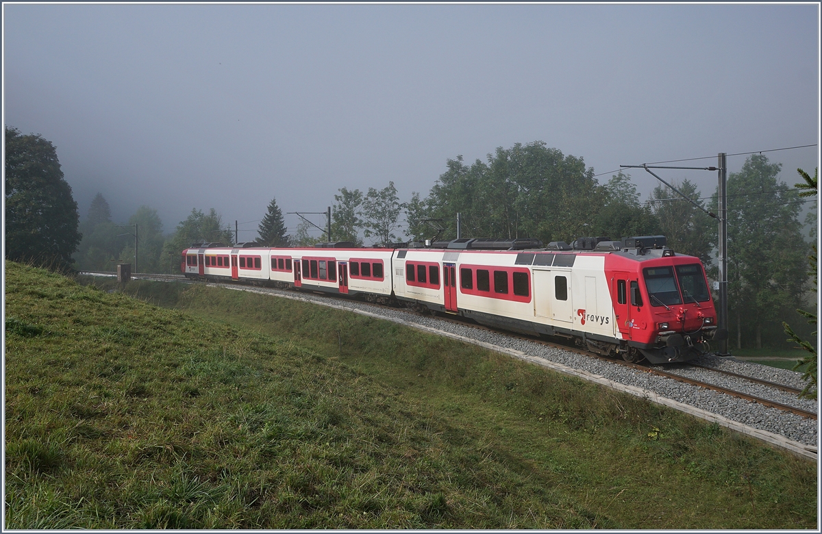 Wie erwartet begann sich der Nebel bald zu lichten, das Bild zeigt den TRAVY Regionalzug 6013 nach Le Brassus bei Kilometer 10.223 kurz vor Le Pont.
28. August 2018