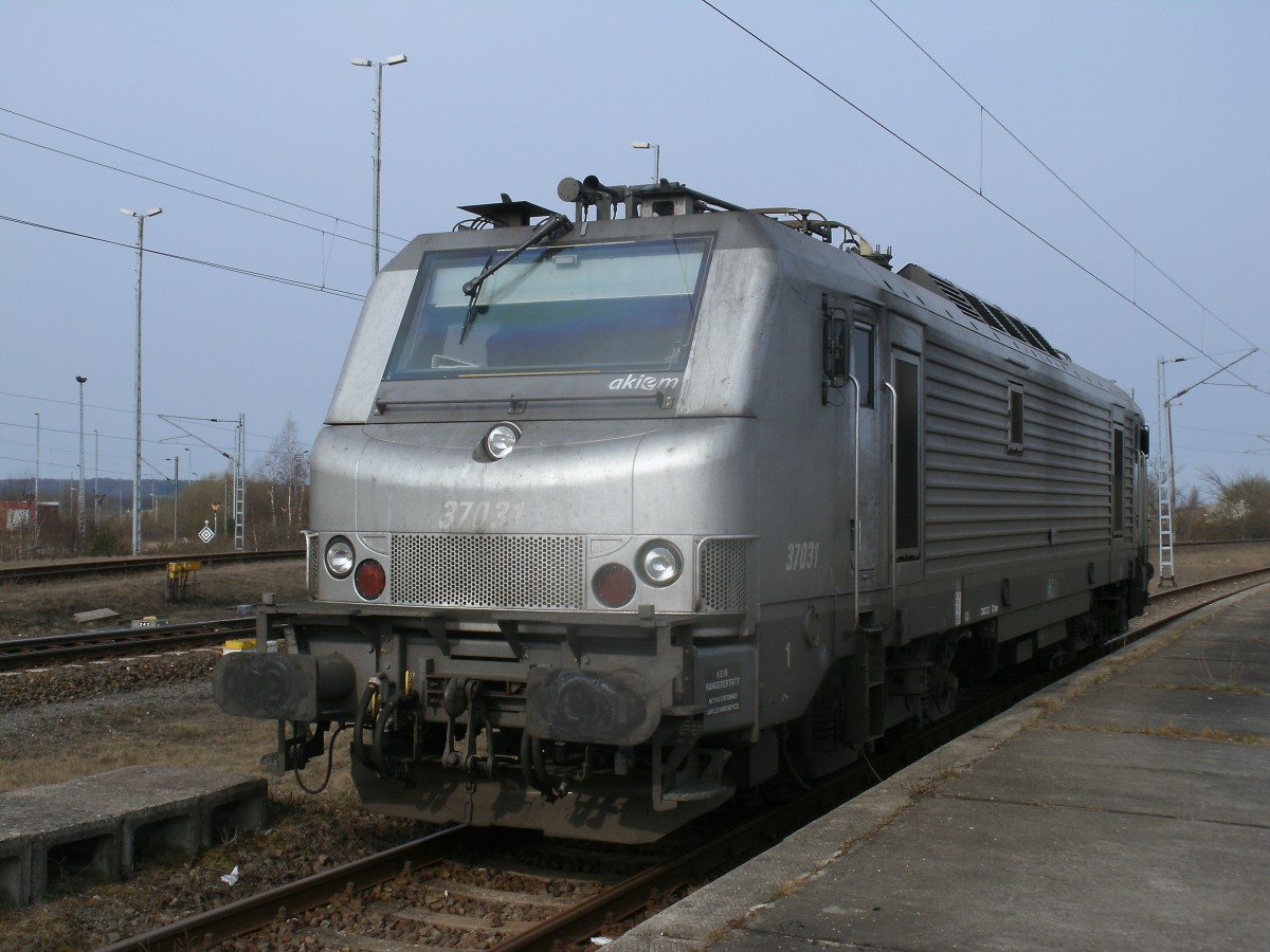 Wieder eine französsische PRIMA in Mukran.Diesmal war es die 37031 die am 30.März 2014,am Bahnsteig in Mukran-Mitte fotogerecht stand.