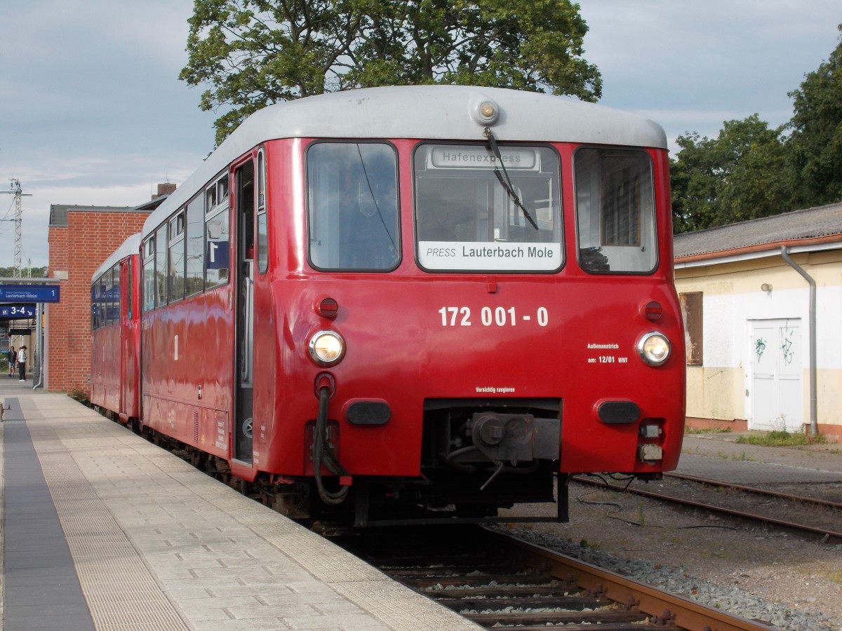 Wieder war der 172 001/601 planmäßig zwischen Bergen/Rügen und Lauterbach Mole im Einsatz.Am 13.Juli 2014 wartete der LVT in Bergen/Rügen.