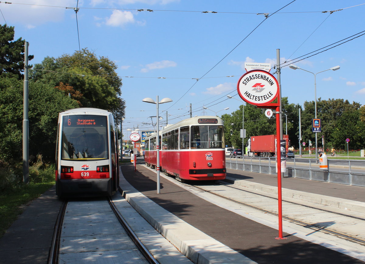 Wien Wiener Linien: Am 31. Juli 2018 halten zwei Züge der SL 6 (B 639 / c5 1503 + E2 4303) in der Endstation Kaiserebersdorf / Zinnergasse (im 11. Bezirk Simmering). - Laut Meldungen der Wiener Linien vom 7. Mai 2018 werden ab Sommer 2019 eine neue SL 11 (Otto-Probst-Platz - Kaiserebersdorf) und die verlängerte SL 71 (jetzt: Börse - Zentralfriedhof) statt der SL 6 nach Kaiserebersdorf fahren. Konsequenzen für die Straßenbahnlinien 6 und 67: Die Linie 6 wird ab Sommer 2019 an der Absberggasse (Schleife Absberggasse - Puchsbaumgasse - ? - Quellenstraße) enden, während die Liniennummer 67 verschwinden wird. - Die Linienbezeichnung 11 ist das Ergebnis einer örtlichen Volksbefragung. - Bis 1974 gab es eine - ursprüngliche - Linie 11 zwischen Stadlauer Brücke und Friedrich-Engels-Platz. 