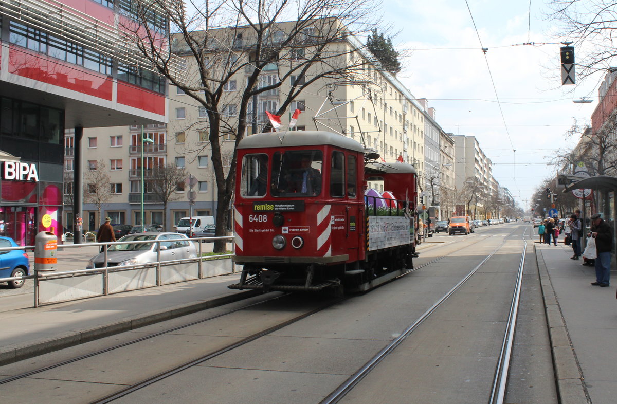 Wien Wiener Linien ATw GP 6408 Brigittenau (XX, 20. Bezirk), Dresdner Straße / Höchstädtplatz am 23. März 2016. - Der Tw warb für  die große Ostereisuche in der Remise  am Karsamstag dem 26. März und am Ostersonntag dem 27. März 2016. -  Remise  ist seit 2014 die Bezeichnung des Verkehrsmuseums der Wiener Linien im ehemaligen Straßenbahnbetriebsbahnhof Erdberg.