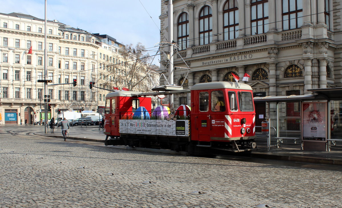 Wien Wiener Linien ATw GP 6408 Innere Stadt (I, 1. Bezirk), Schwarzenbergplatz am 24. März 2016. - Der Tw GP 6408 warb für  die große Ostereisuche in der Remise , d.h. im Verkehrsmuseum der Wiener Linien, am Karsamstag dem 26. und am Ostersonntag dem 27. März 2016.