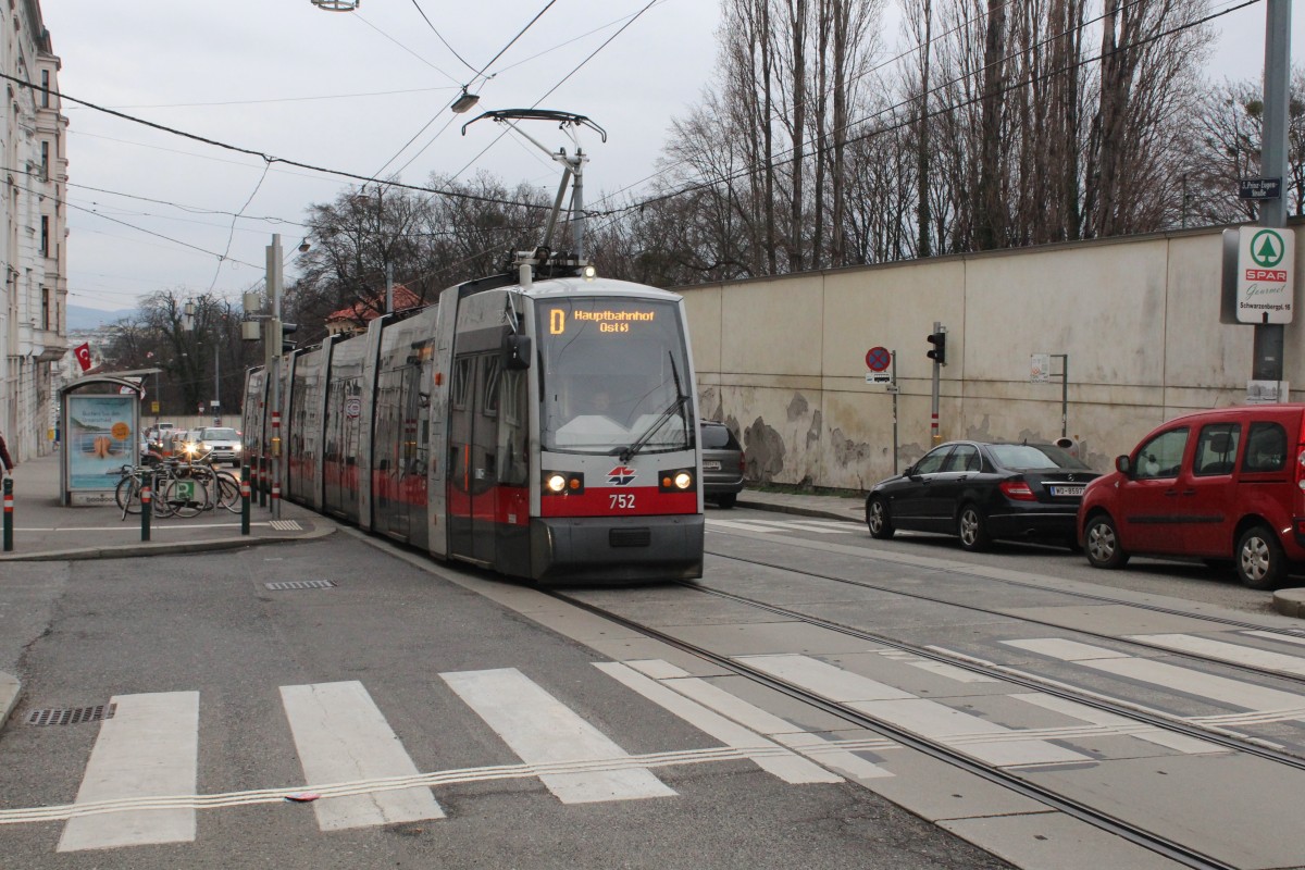 Wien Wiener Linien: B1 752 als SL D verlässt am 15. Februar 2016 die Haltestelle Schloss Belvedere in der Prinz-Eugen-Straße.