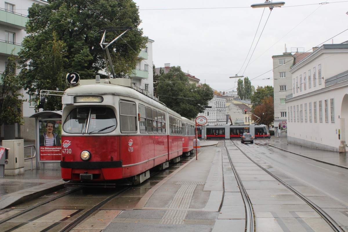 Wien Wiener Linien: E1 4730 + c4 1335 als SL 2 Ottakringer Straße / Erdbrustgasse am 14. Oktober 2015. - E1 4730: SGP 1971; c4 1335: Rotax 1975.